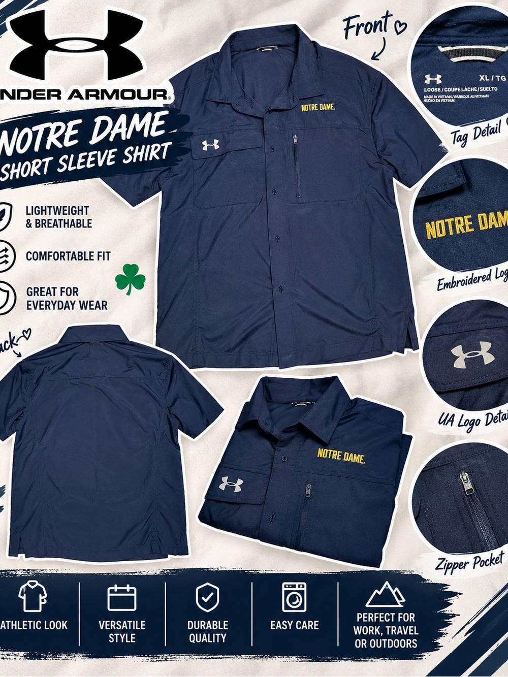 Under Armour Navy Notre Dame Short Sleeve Button-Down